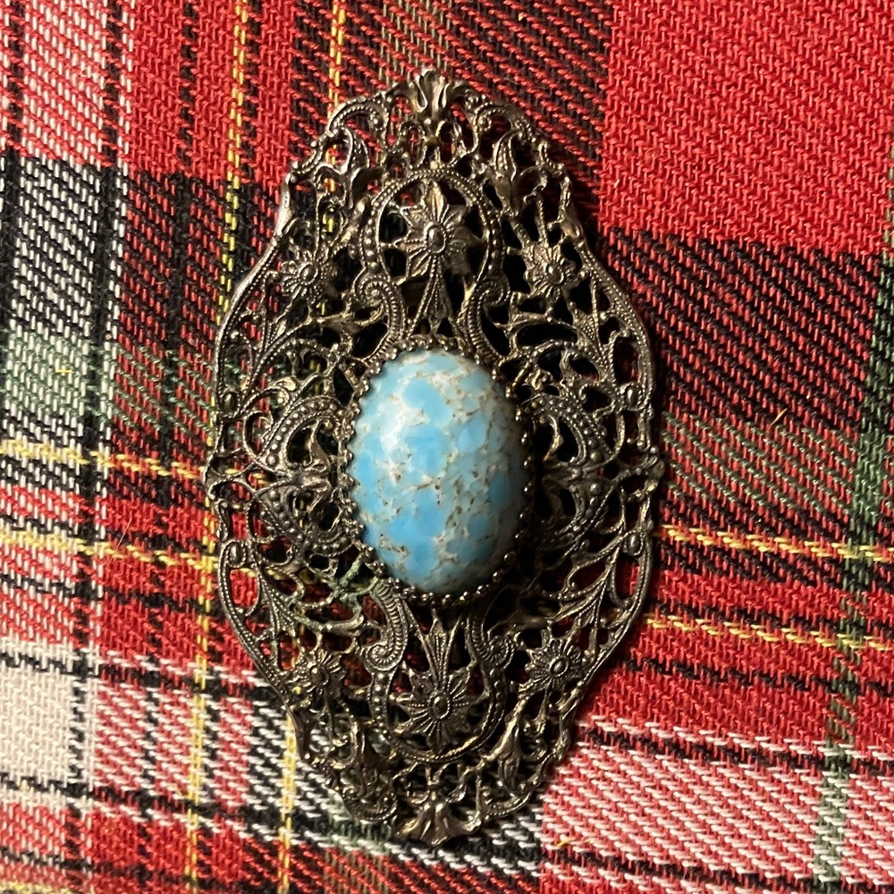 Vintage Filigree Brooch with Blue Stone